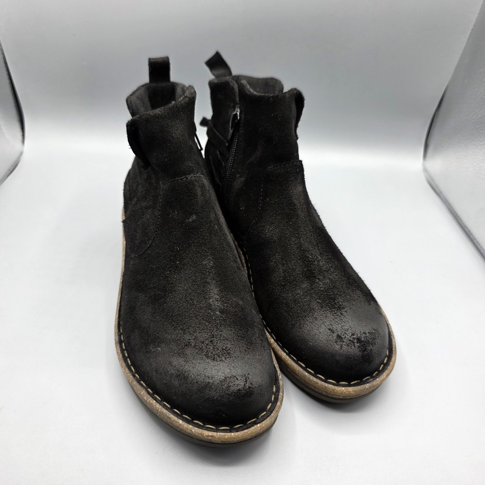 Born Vaughn Booties Womens 7.5 Black Suede Cork Wedge Comfort Zip Ankle Boots